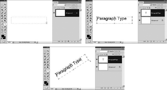 Adding text as a paragraph type creates a bounding box that limits the flow of the text. You can use the rotation controls on the bounding box to rotate the text.