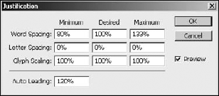The Justification dialog box allows you to customize how Photoshop justifies text in the paragraph.