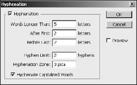 The Hyphenation dialog box allows you to customize how Photoshop hyphenates words in the paragraph.