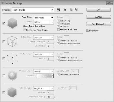 The 3D Render Settings dialog box