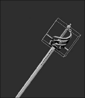 I can manipulate the sword's guard by hovering over it with the Mesh Rotate tool until the bounding box appears.