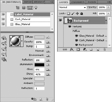 The 3D {Materials} panel lists the materials associated with your 3D object, and the Layers panel lists the textures.