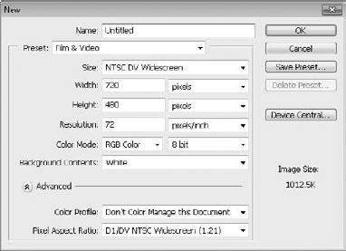 The Film & Video preset in the New dialog box