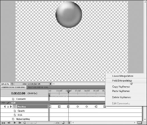 When the position of the ball is set with a hold interpolation, the ball disappears and reappears in a new location immediately, rather than moving through space to get there.