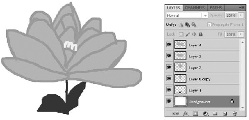 My animated flower contains six individual layers. When all the layers are visible, it looks very jumbled.