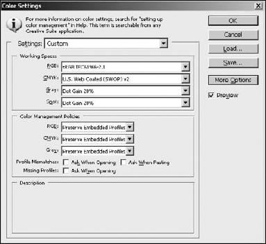 The Color Settings dialog box allows you to configure the color workspaces and the color management policies.