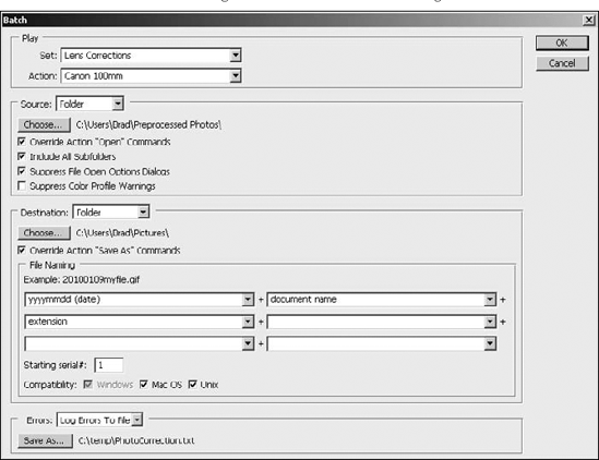 Using the Batch dialog box, you can define a custom action that is applied to a set of source files and define a location and file-naming format to save the edited image.