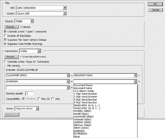 The File Naming options in the Batch dialog box allow you to select filename components based on date, document name, extension, and serialized letters or numbers.