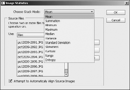 The Image Statistics dialog box allows you to set the stack mode that is applied after some files are automatically converted into a single smart object.