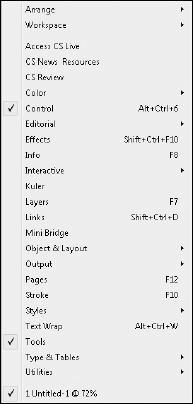 The Window menus for InDesign