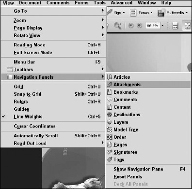 Acrobat panels are accessed from a submenu by choosing View Navigation Panels.