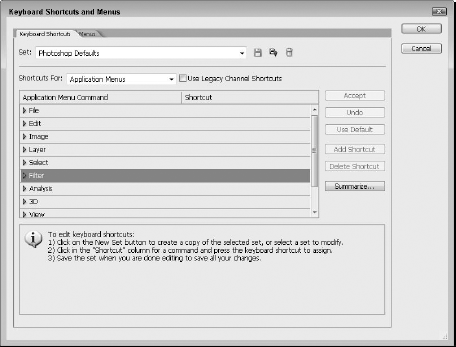 The Photoshop Keyboard Shortcuts and Menus dialog box offers very similar options to those found in the Illustrator Keyboard Shortcuts dialog box.