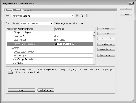 Select the category you want from the Shortcuts For pull-down menu, and expand the menu or panel by clicking the symbol adjacent to a panel name.