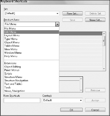 The Keyboard Shortcuts dialog box in InDesign contains an extensive set of categories from the Product Area pull-down menu.