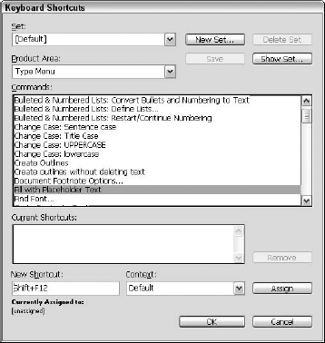 The Keyboard Shortcuts dialog box shown with selections to assign a shortcut to Fill with Placeholder Text