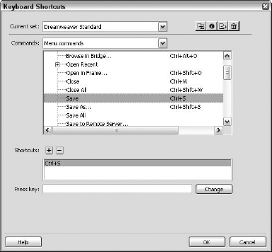 The Keyboard Shortcuts dialog box in Dreamweaver