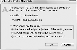 The Photoshop Embedded Profile Mismatch dialog box