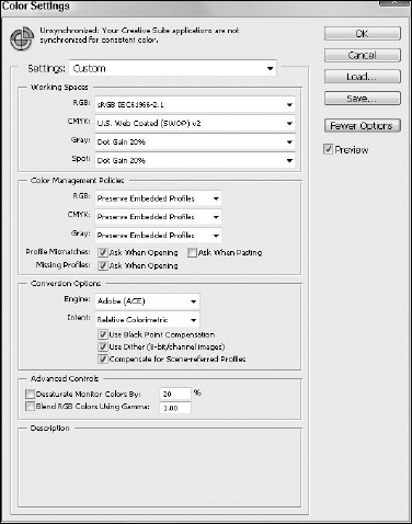 With the exceptions for Gray and Spot color handling in Photoshop, the Color Settings dialog box has the same appearance in Photoshop, Illustrator, and InDesign.