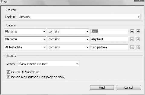 As you add additional rows of criteria to a search, the dialog box expands.
