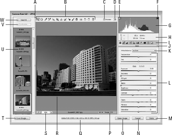 When you open a camera raw image in either Bridge or Photoshop, the Camera Raw plug-in opens the Camera Raw dialog box.