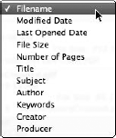Open the Sort by pull-down menu to sort files according to file metadata.