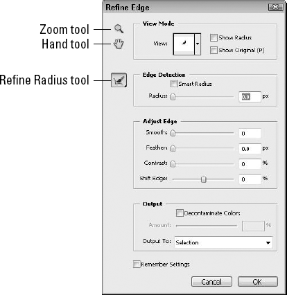 The Refine Edge dialog box lets you quickly change the selection edge attributes.