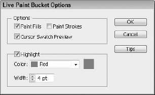 The Live Paint Bucket Options dialog box lets you choose to apply fills or strokes.