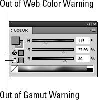 The Web Safe color warning icon and the Out of Gamut color warning icon both appear within the Color palette.