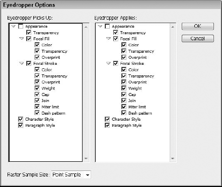 The Eyedropper Options dialog box in Illustrator