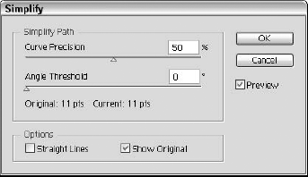 The Simplify dialog box lets you define how radically a path is simplified.