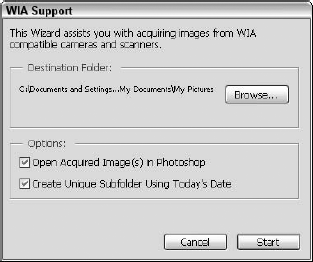 The WIA Support dialog box lets you access a scanner's software.