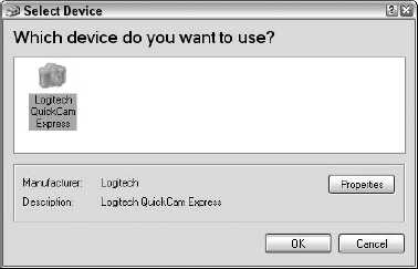 The Select Device dialog box lets choose which scanning device to use.