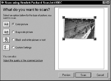 You can scan images as Color, Grayscale, or Black and white.