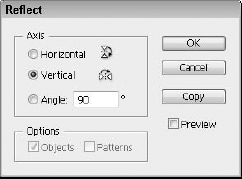The Reflect dialog box lets you reflect the selected object horizontally, vertically, or about a designated angle.