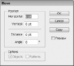 The Move dialog box lets you specify an object's horizontal and vertical position values or move an object a given distance along a specified angle.