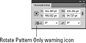 A small warning icon appears in the lower-left corner of the Transform palette when the Pattern Only option is selected.