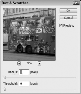 The Dust & Scratches dialog box eliminates irregular high-contrast dots and lines from an image.