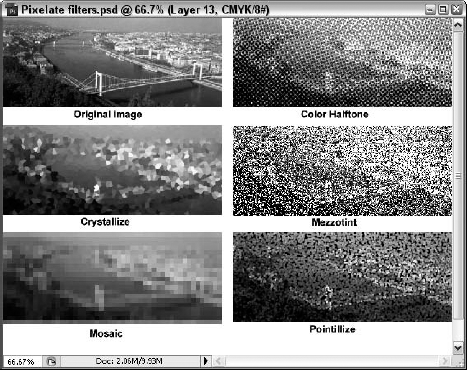 The Pixelate filters are used to alter an image by expanding the shape of specific pixel groups.