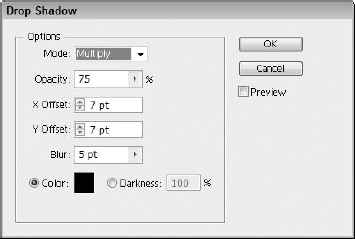 The Drop Shadow dialog box lets you control the look and position of the drop shadow.