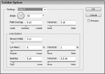 The Scribble Options dialog box lets you specify the options to create a rough scribbled look.