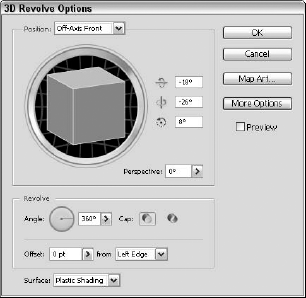 The 3D Revolve Options dialog box is similar to the dialog box for the Extrude & Bevel effect.