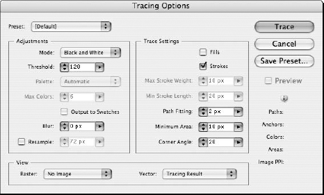 Open the Tracing Options dialog box and make settings choices for the type of image you intend to trace.