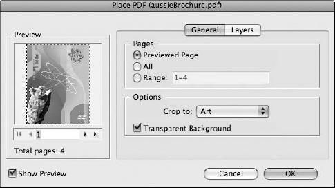 Be certain to Show Import Options when placing multiple-page PDF documents and layered files.