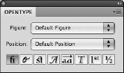 The OpenType tab has options for OpenType fonts panel in Adobe Illustrator.