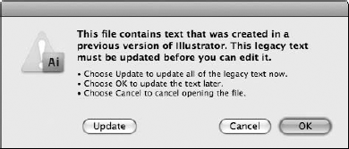 Opening legacy files in Illustrator CS4 or CS5 prompts you to preserve the type appearance in the document or update the text.