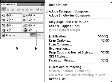 The last two field boxes offer options for choosing the number of lines a drop cap is applied to (A) and the number of characters to be used as drop caps (B).