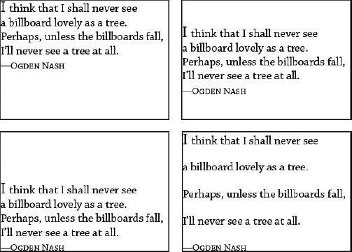 Four vertical justification options for text are available in InDesign. Shown clockwise from top, they are Top, Center, Justify, and Bottom.