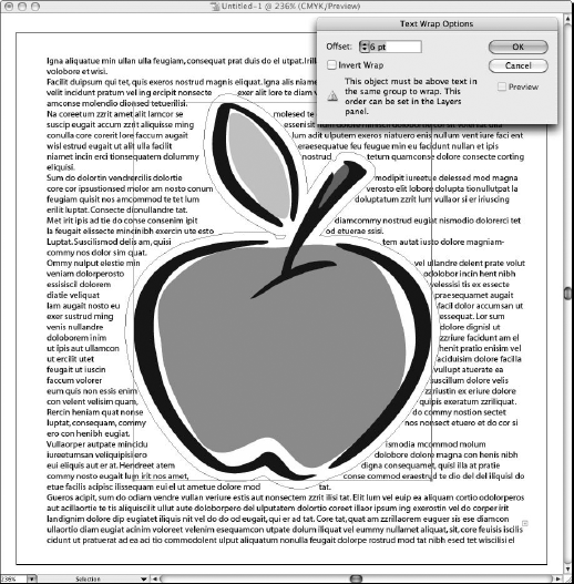 Select the Preview check box in the Text Wrap Options dialog box, and the background document window displays the results of the text wrap. To change the distance between the object and the text, edit the value in the Offset field box.