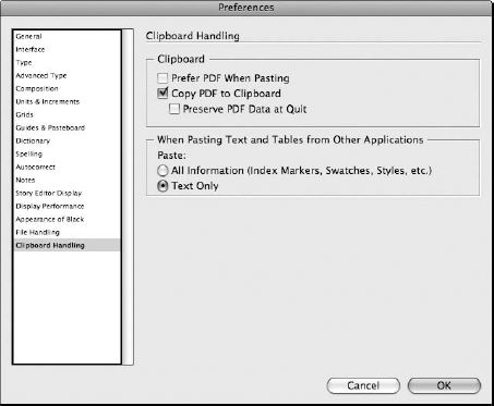 The InDesign Preferences dialog box lets you choose how text is pasted into the application.