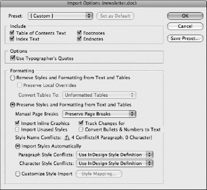 The Microsoft Word Import Options dialog box